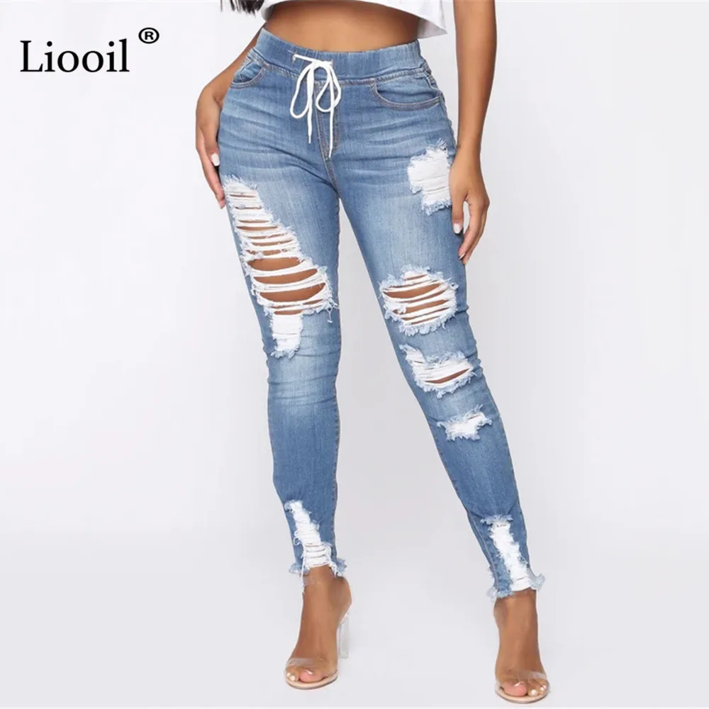 Luz Azul Jeans rasgados para damas 2021 calle estilo Sexy Mid Rise Distressed Pantalón Stretch Skinny agujero pantalones de Vaqueros pitillo