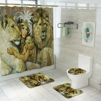 

Four-piece Personalized Lion Print Shower Curtain Floor Mat Bathroom Floor Rug Partition Toilet Cover Seat U-shape Bath Mat Set