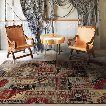 

Red-brown Black Carpet Living Room Indian Style Retro Ethnic Geometric Flower Rug European Bedroom Non-slip Mat Bathroom