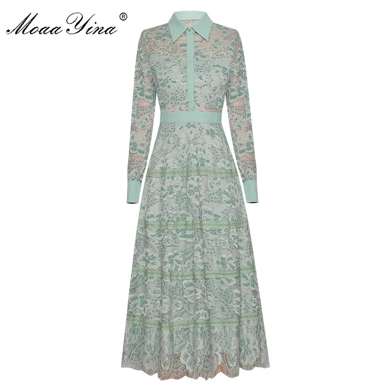 

MoaaYina Fashion Designer dress Spring Autumn Women's Dress Turn-down Collar Long sleeve Green Lace Mid Dresses