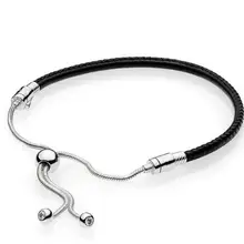 925 пробы Серебряный кожаный браслет с регулируемой скользящей застежкой, браслет-цепочка в форме змеи, очаровательные ювелирные изделия из бисера