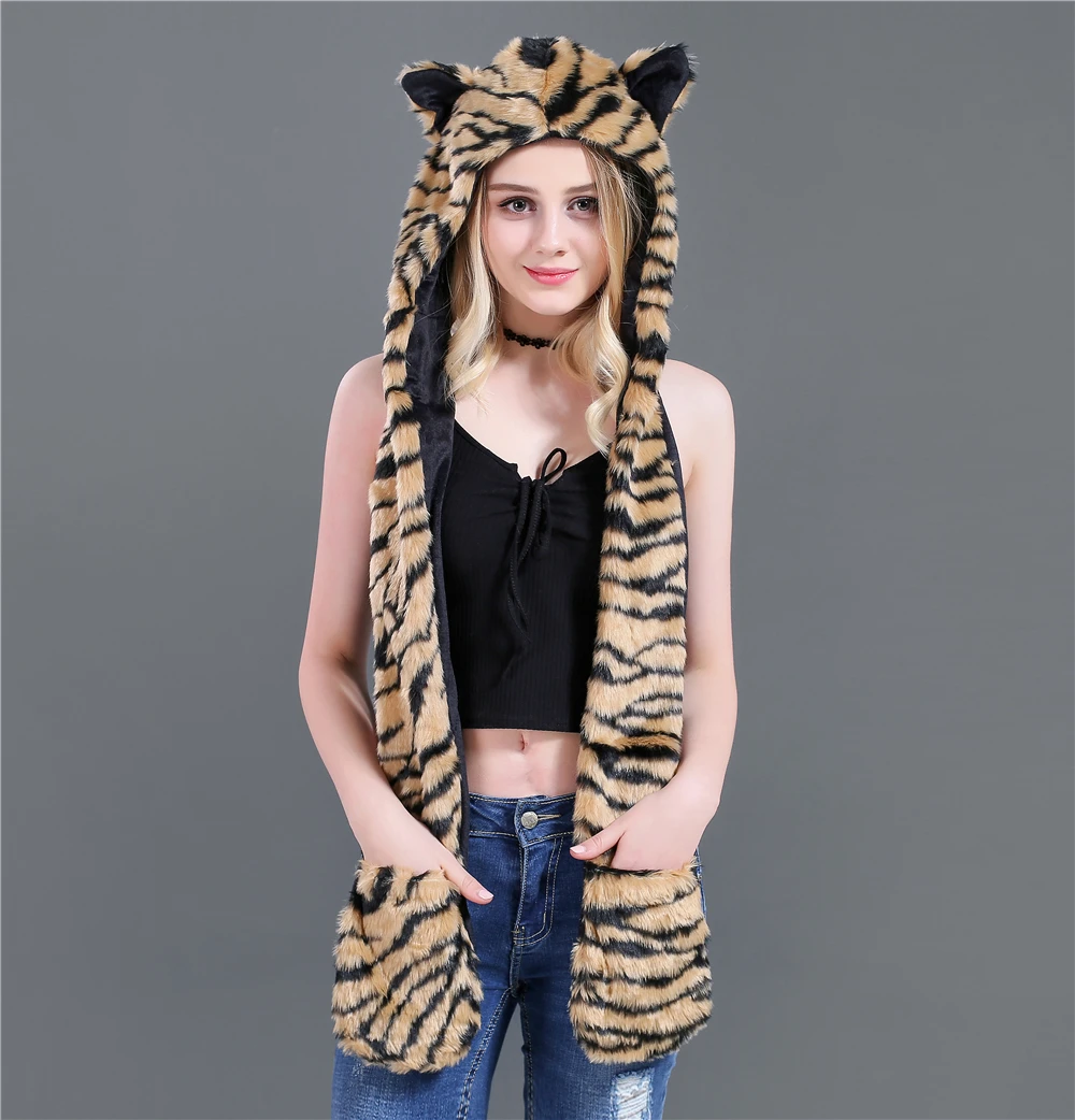 Популярные женские теплые шарфы из искусственного меха для зимы Волк тигр Хаски шарф-капюшон набор перчаток шапка для девушек Животные Дух шапки - Цвет: Tiger 2