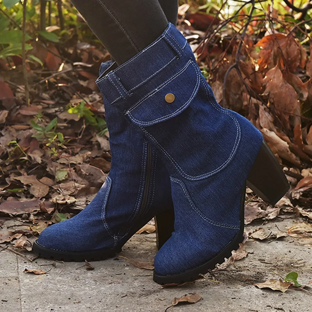 Fashion Women Boots European American Style Large Size High Heel Denim Mid-Tube Platform Women's Winter Warm Boots Plus Size 40