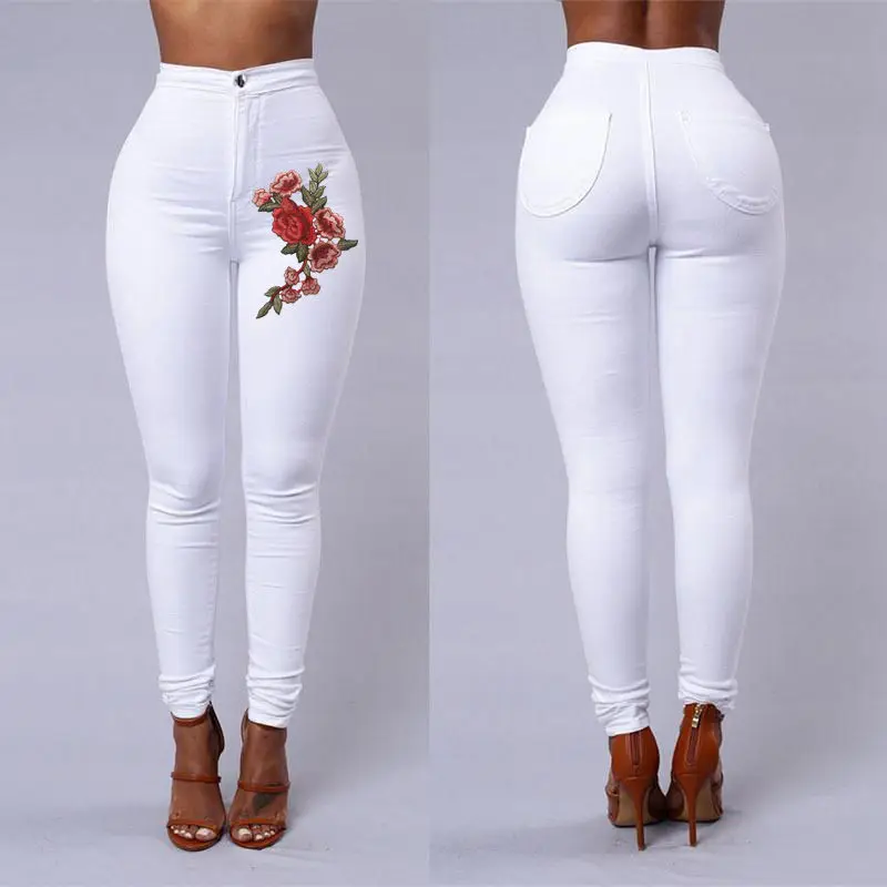 5 цветов размера плюс XXXL Emboridered джинсы женские с высокой талией обтягивающие Стрейчевые узкие брюки длинные тонкие леггинсы брюки черные белые - Цвет: Белый