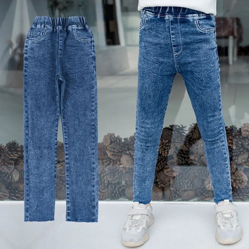 Брендовые зимние джинсы для девочек плотные теплые обтягивающие джинсы для детей, корейские джинсовые штаны черные джинсы однотонные джинсы, брюки Стрейчевые брюки для девочек