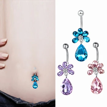 

Trendy Crystal Dangle Belly Button Rings Stainless Steel Piercing Body Jewelry Water Drop Navel Rings Flower Nombril Accessories