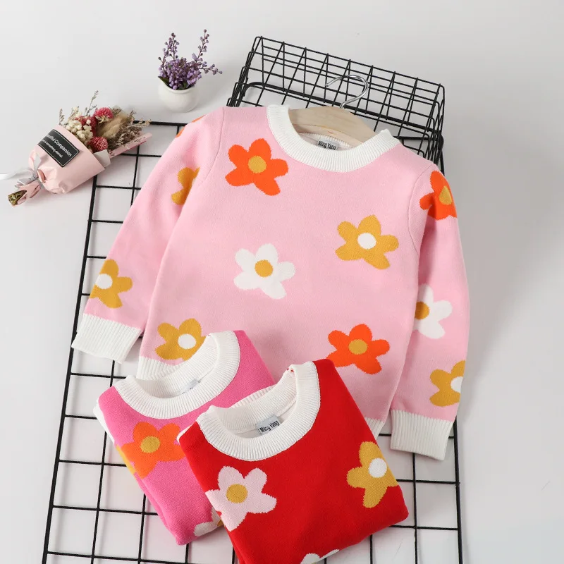 

Girl'S Sweater 2019 Autumn And Winter New Style Childrenswear Double Layer Crew Neck Flower Baby Girls Knit Low Waist Jersey Hoo