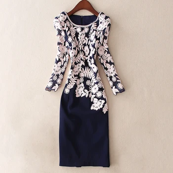 

Runway Bodycon Dress 2020 Autumn Winter High Quality Full Sleeve Flower Embroidery Navy Blue Red Black Office Dress