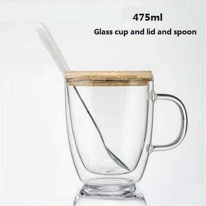475ml Cover spoon 250ml375ml475mlдвойные стеклянные высокие боросиликатные прозрачные креативные чашки тропические устойчивые кофейные чашки на заказ с логотипом - Цвет: 475ml Cover spoon