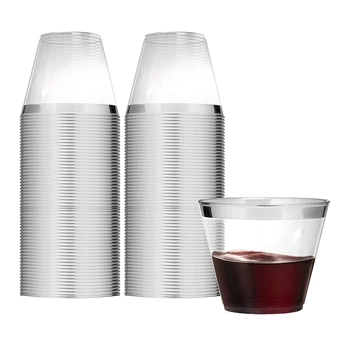 

9 Ounce Clear Plastic Cups (100 Count) Disposable Party Cups,Old Fashioned Plastic Tumblers Wedding Cups, Silver Rimmed
