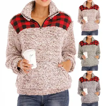 

2019 New Sweatshirt Women Warm Stand Collar Plaid Stitching Thickened Pullover Sweatshirt