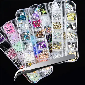 

12 Grids+Tweezers Crystal Rhinestone 3D Flash Jewelry Glass Diamond Gem Nail Art Decoration