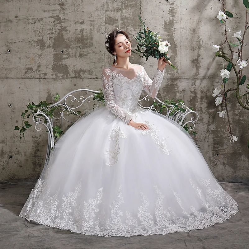 New Summer Korean Light wedding dress Vestidos De Novia off white bride O-neck dream princess simple Long Sleeve Lace appliques dresses for wedding