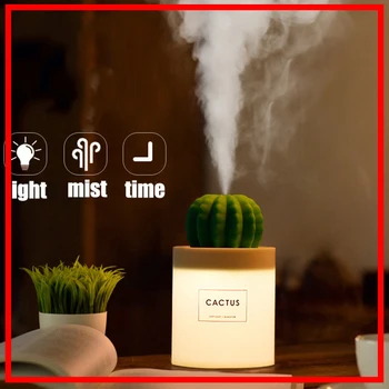 

280ml USB Air Humidifier Cactus Timing Aromatherapy Diffuser Mist Maker Fogger Mini Aroma Diffuser With Night Light for Home
