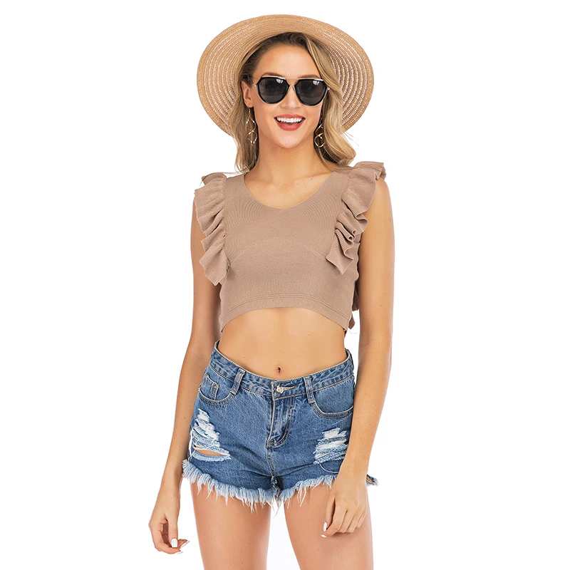 

2020 New Arrival Women's Crop Tops Sexy Knitted Vest Ruffles Trim Tank Tops V Neck T-shirt Female Short Tees Summer Spring
