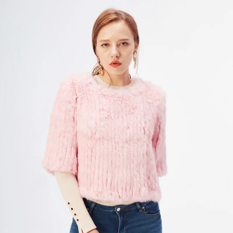 

Ethel Anderson Beauty Knitted Real Rabbit Fur Coat Lady Pullover Jacket Waist Short Fur Sweater Half Sleeve Vest Top Wholesale