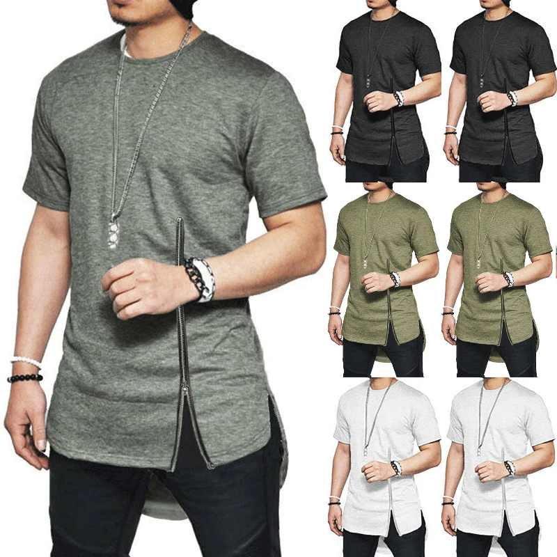 Summer Mens Solid T-shirt Short Sleeve Zipper Slim Tee Men Fashion Crew Neck Longline Oversized Plain Tops Casual Daily 4 Color