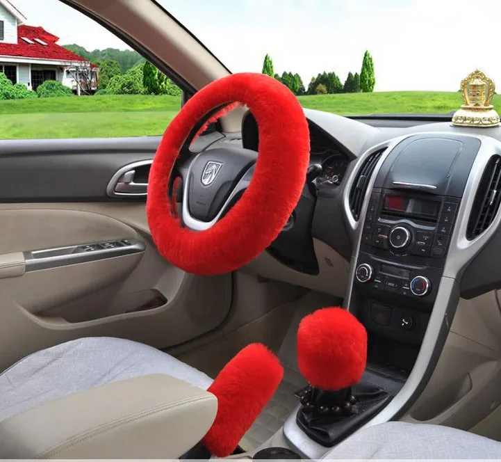 Universal Steering-wheel Plush Car Steering Wheel Covers Winter Faux fur Hand Brake& Gear Cover Set Car Interior Accessories