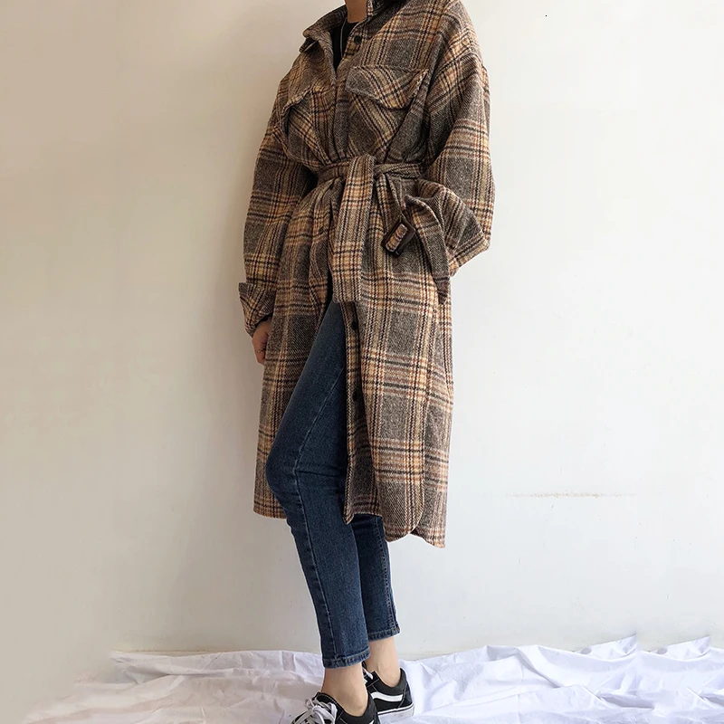 Coffee color SHENGPALAE шикарные нагрудные однорядные пряжки и цветные решетки повязки талии длинные средства выше колена шерстяные Свободные корейские пальто для женщин FV333 - Цвет: Coffee color