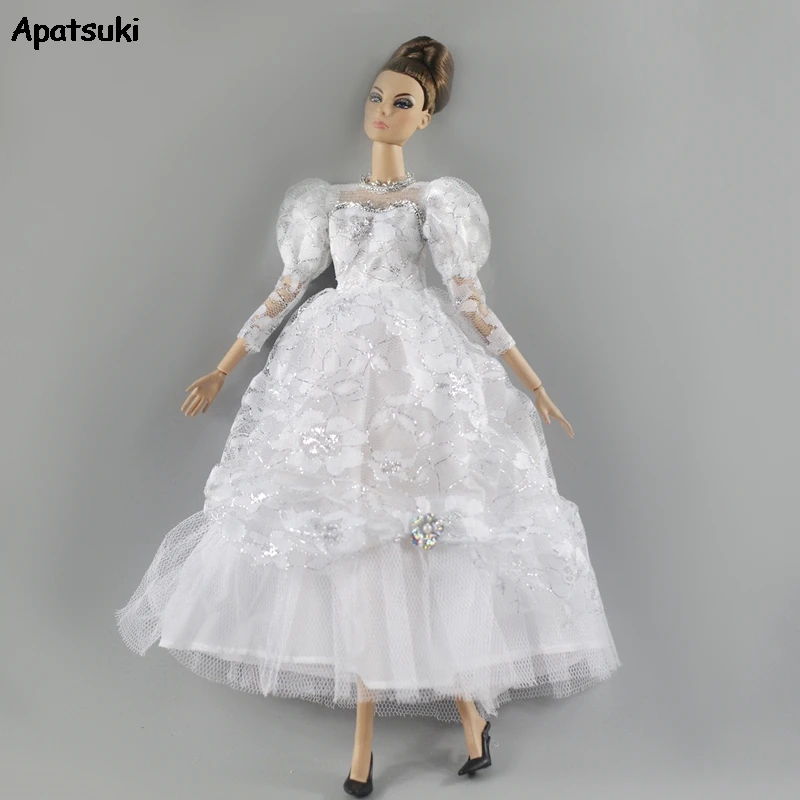 Белое кружевное свадебное платье с рукавами-фонариками Одежда для куклы Барби