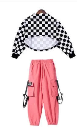 В стиле «хип-хоп» Детские костюмы модная одежда для девочек Текстурным лифом с клетчатым рельефом и розовый комбинезон штаны джазовый танец сцена восторженные одежда в уличном стиле для детей Одежда для танцев DN3952 - Цвет: 2Pcs