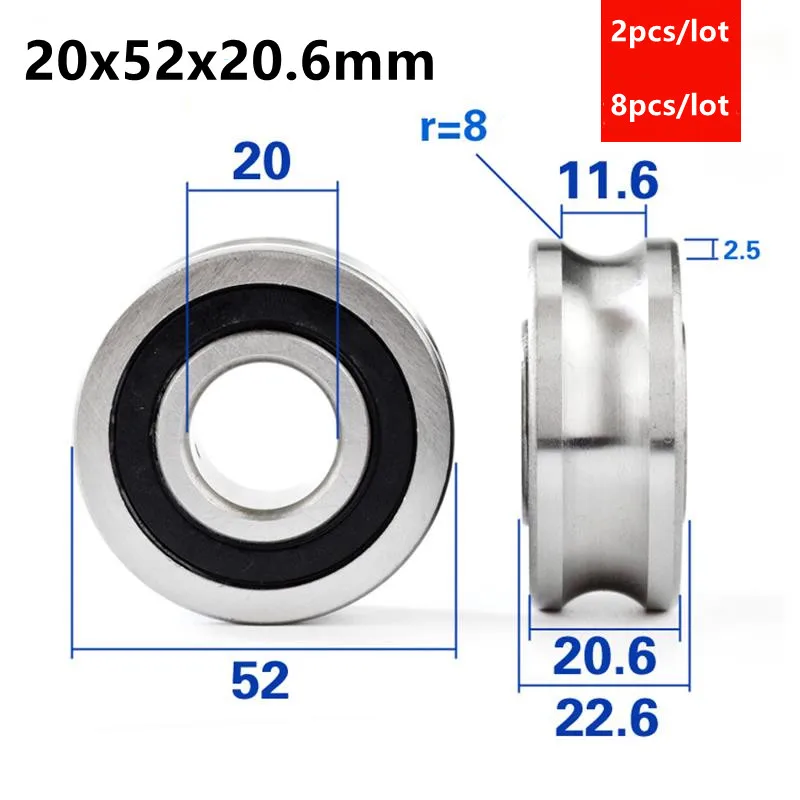 

2pcs/8pcs 20*52*20.6mm U type groove LFR5204-16mm Track optical axis grooved bearing pulley rolling wheel 20x52x20.6 low noise