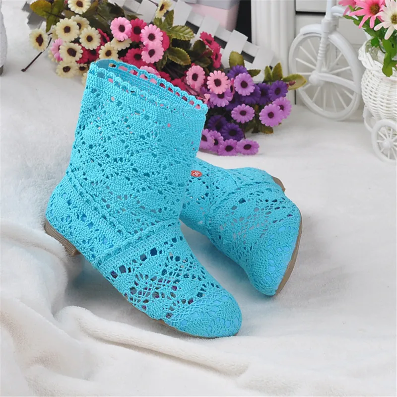 spring and autumn knitted hollow boots flat bottom mesh high / low tube breathable fashion lace boots women's shoes
