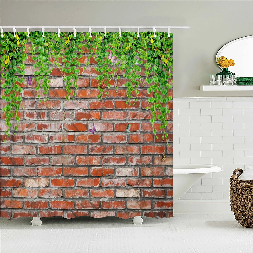 

3D Brick Wall Plant Butterfly Shower Curtains Bathroom Curtain Waterproof Fabric Bathtub Decoration 240X180cm Bath Curtain