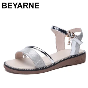 

BEYARNE New Women Summer Sandals Gold Silver Flat Sandals Elegant Women Beach Flats Shoes Woman Gladiator sandalias mujerE993