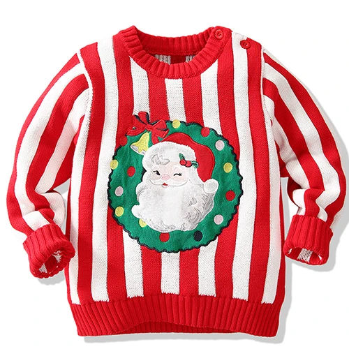 Christmas Baby Girl Handwork Sweater Autumn Winter Kids Stripe Clothes Boys Cartoon Santa Claus Embroidery Knitted Sweaters - Цвет: red