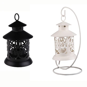 

2 Pcs Iron Moroccan Style Candlestick Candleholder Candle Stand Light Lantern, Black & White