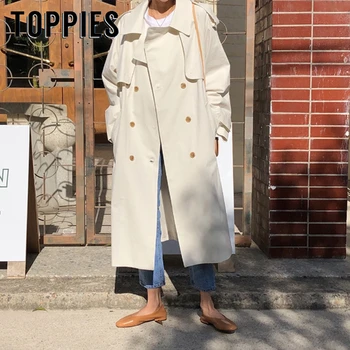 

White Khaki Windbreaker Woman Double Breasted Long Trench Coat Fall 2019 Korean Women Clothes