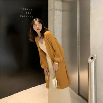 

Solid Color Autumn Winter Long Cardigan Women Chic All-match Loose Knitted Cardigan Femme Elegant Casual Apricot Sweater Korean