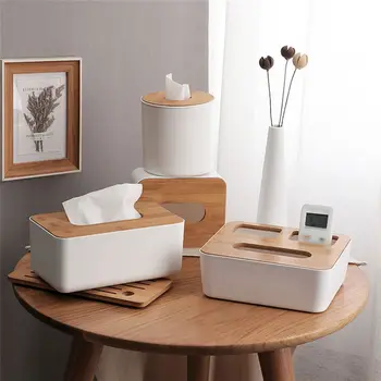 

Home Kitchen Wooden Cover Plastic Body Tissue Box Wood Napkin Holder Case for Phone Holder Table Decoration