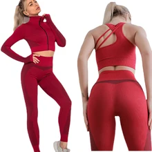 Conjunto de vestimentas femininas com 2 ou 3 peças, roupas de ginástica para mulheres, conjunto com calças legging de cintura alta, zíper, top crop para corrida, esportes, camisetas de yoga