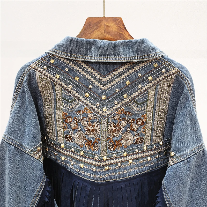 Veste en Jean Brodée pour Femme Fleur en Daim À Franges À La Mode Jeans D/'Extérieur Gland Streetwear À Manches Longues Femme Automne Lâche Cowboy Tops Manteau pour Femme Grande Taille S