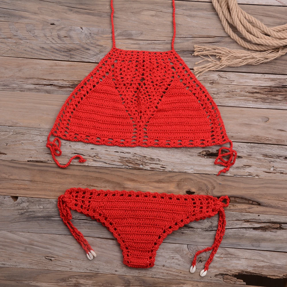 Women Sexy Micro Bikini Set G Thong String Lattice Hollow Bikinis Top Crochet Beach Swimwear Bathing Beachwear Set