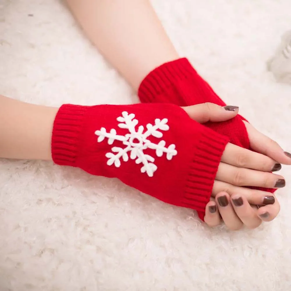 Женские зимние теплые перчатки со снежинками Рождественский трикотаж перчатки на пол пальца вышитые снежинки мягкие перчатки без пальцев для девочек женские варежки