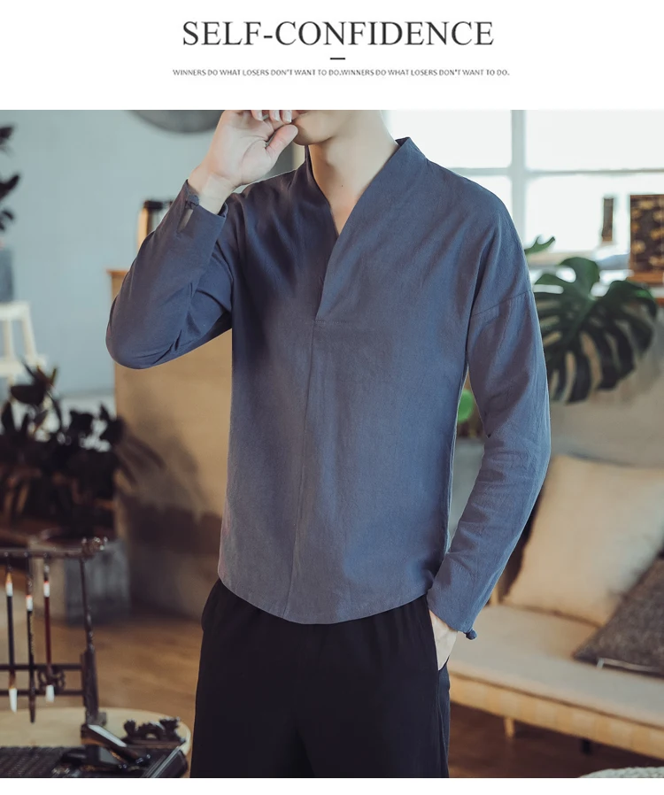 Sinicism магазине осень Для мужчин большого размера, с длинным рукавом однотонные рубашки Для мужчин секунд изменение языка(китайский Стиль хлопковая льняная одежда мужской рубашка с треугольным вырезом, Топ