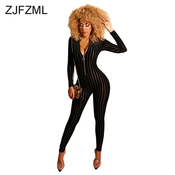 

Mesh Velvet Splice Sexy Skinny Jumpsuit Women Deep V Neck Long Sleeve Bodycon Playsuit Autumn Winter Front Zipper Party Bodysuit