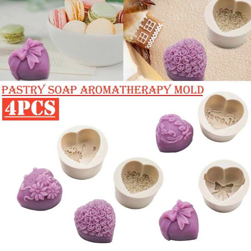 

4Pcs Silicone Mold Heart Shape Fondant Rose Flower Mould Reusable Cake Soap Candle Moulds DIY Craft Decorating Baking Tools