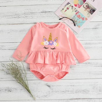 

PatPat Dreamlike Unicorn Print Long-sleeve Bodysuit with 3D Ear Decor for Baby Spring and Autumn Casual Cotton Romper