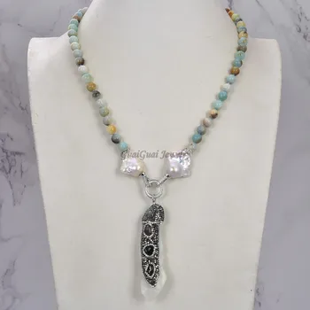 

GuaiGuai Jewelry Multi Color Amazonite White Keshi pearl Necklace Quartz Druzy Pendant 25"
