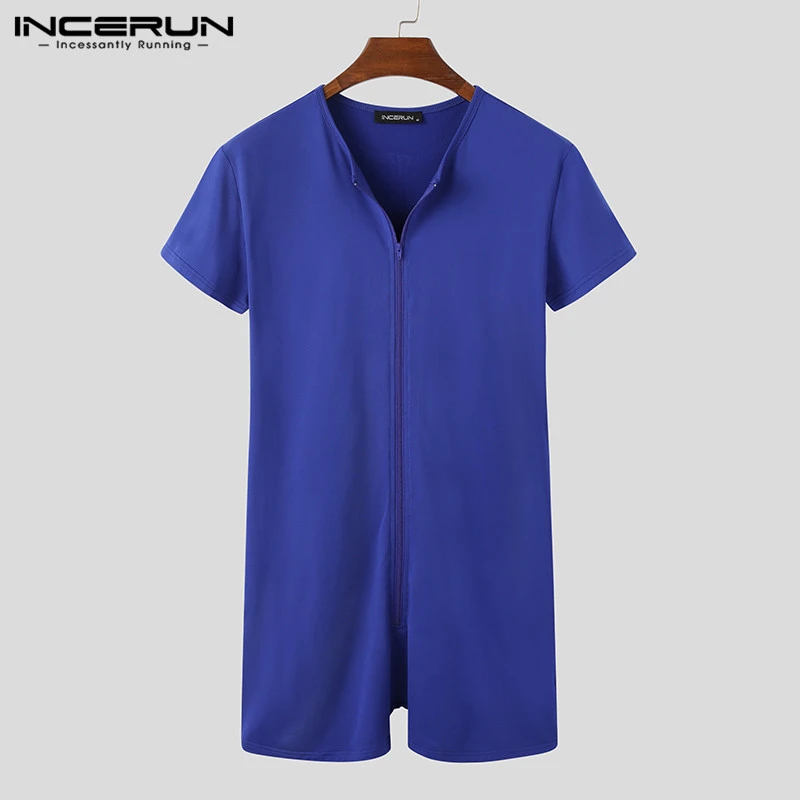 Men Pajamas Rompers Solid V Neck Zipper Fitness Short Sleeve Cozy Homewear Playsuits Leisure Men Jumpsuit Sleepwear INCERUN 7 silk sleepwear