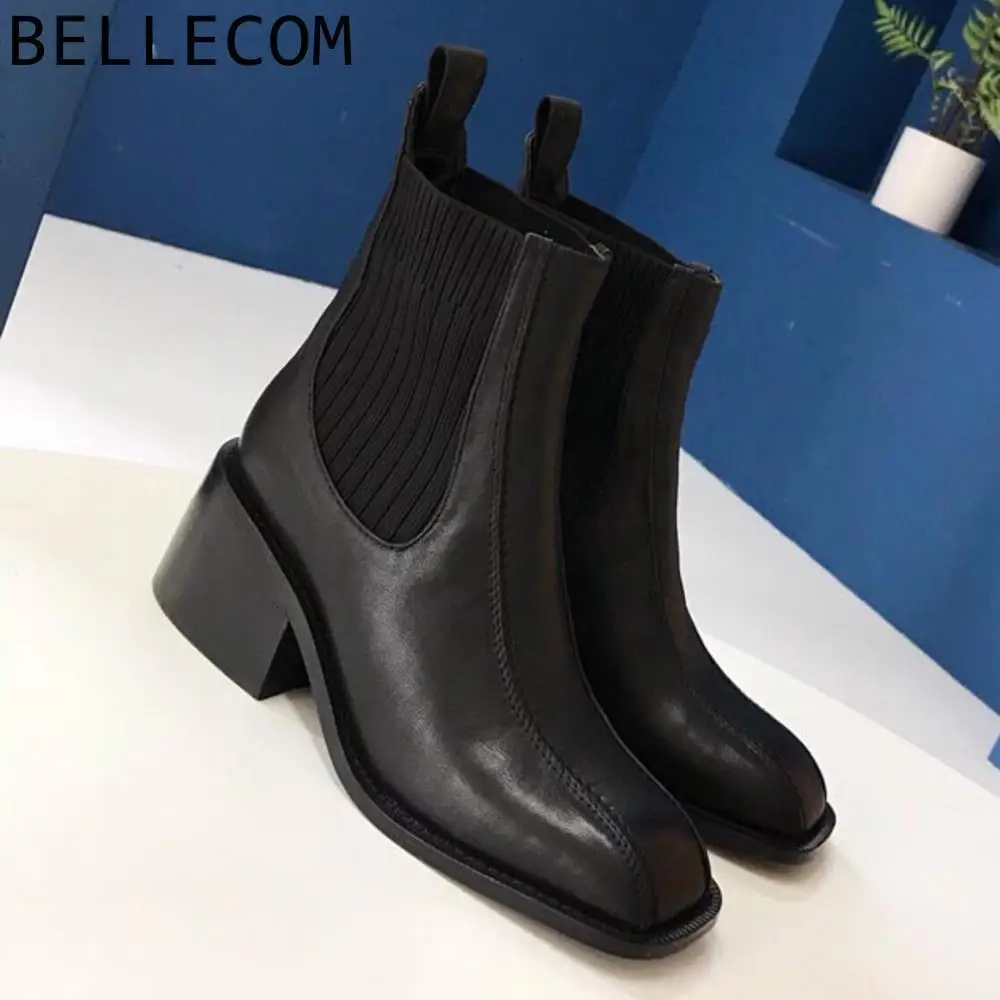 

BELLECOM 2019 Square Coarse With Short winter Boots Martin Boots High With Knitting Elastic Force Boots women shoes woman
