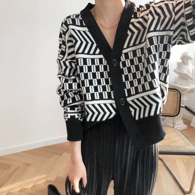 

V Neck Women Button Black Geometric Cardigan 2023 Long Sleeve Sweater Autumn Winter Knitted Loose Oversized Jumper Casual