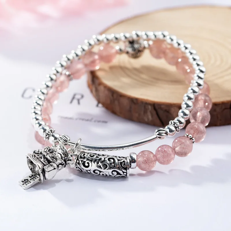 

S925 chun enju Double Layer Strawberry Crystal Bracelets Women's Pink Crystal Year Good Luck Lucky Cat Wang Marriage Retro 6325