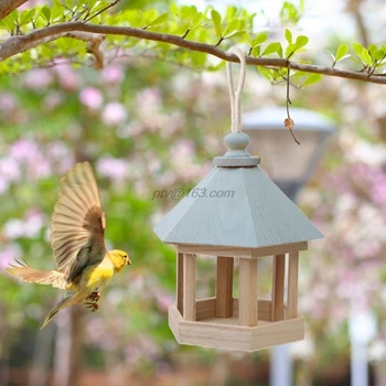 

Blue Roof Wooden Hanging Pet Bird Feeder Hexagonal Pavilion Shaped Outdoor Food Dispenser Garden Yard Porch Decoration