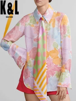 

French vintage rose flower printed silk shirt temperament lapel long-sleeved casual all-match modal top women autumn new style