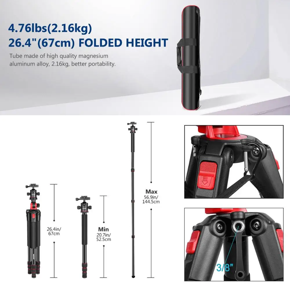 Neewer 184cm Aluminum Camera Tripod Monopod 360 Degree Rotatable Center Column for DSLR Camera Video Camcorder Travel and Work